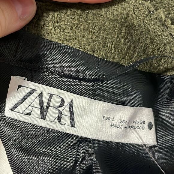 Zara Khaki Green Textured Open Front Blazer Gold Buttons Shoulder Pad Size Large - Picture 9 of 10